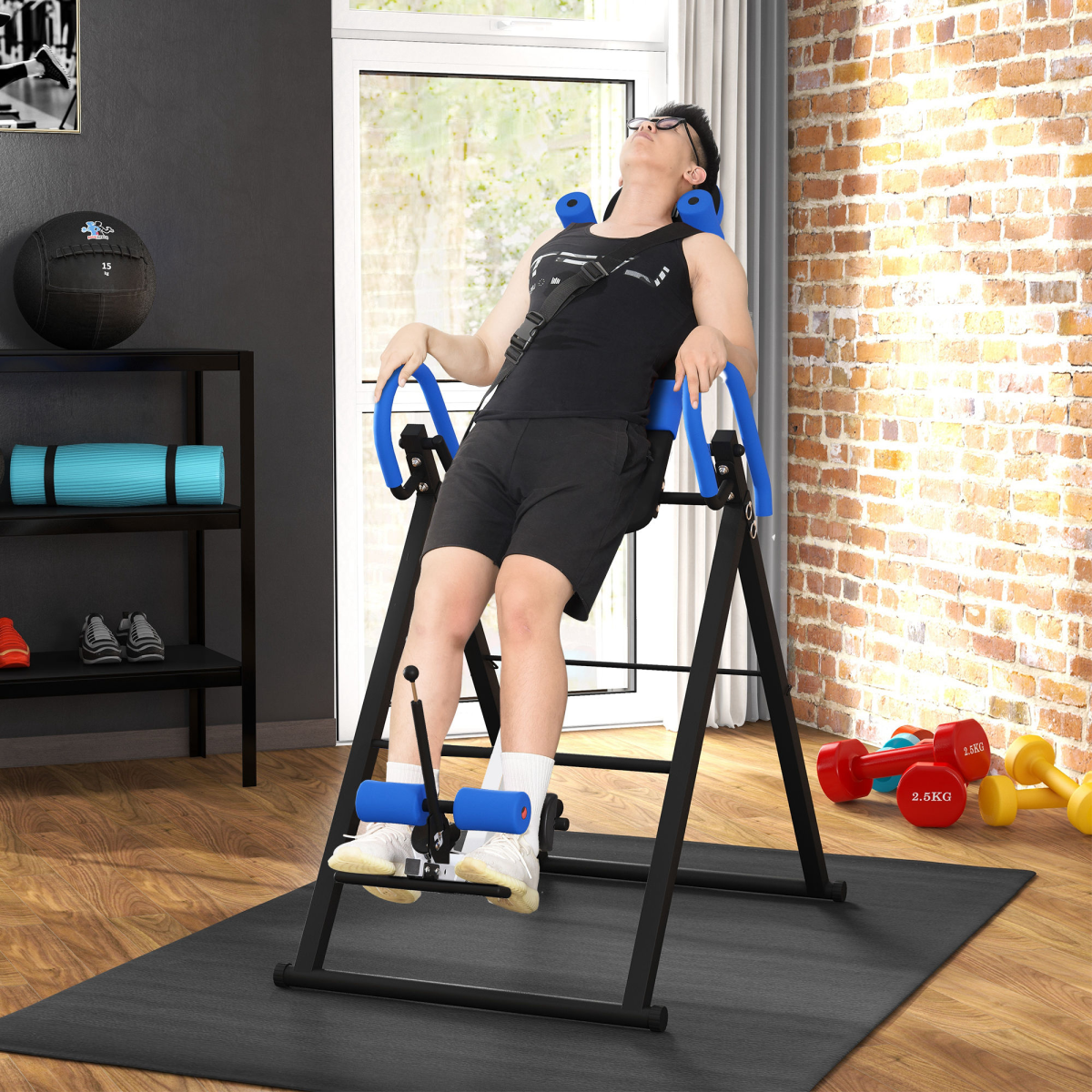 HOMCOM Adjustable Gravity Inversion Table w/ Safety Belt, Blue, Foldable Frame