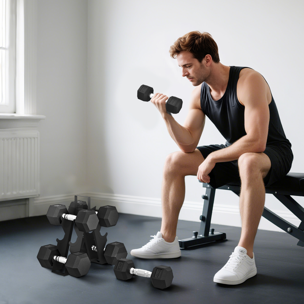 SPORTNOW 36KG Hex Dumbbell Set w/ Rack, Rubber Coated Weights & Non-Slip Handles