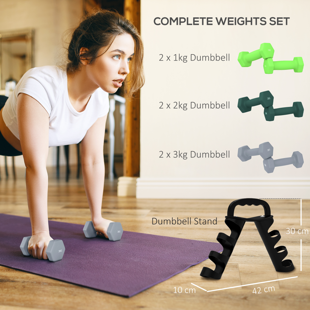SPORTNOW Dumbbell Set 1/2/3kg with Storage Rack & Rotating Kettlebell Green