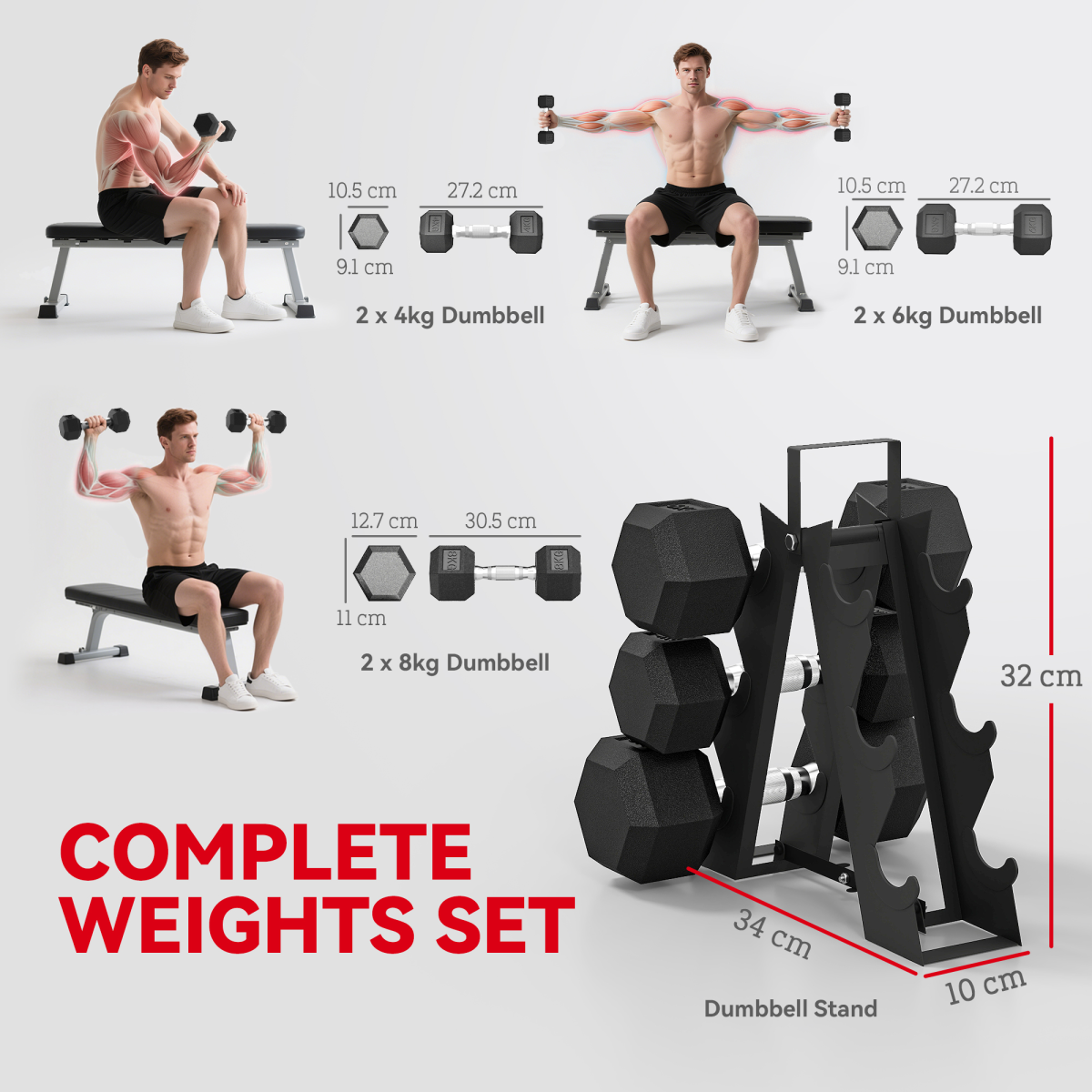 SPORTNOW 36KG Hex Dumbbell Set w/ Rack, Rubber Coated Weights & Non-Slip Handles
