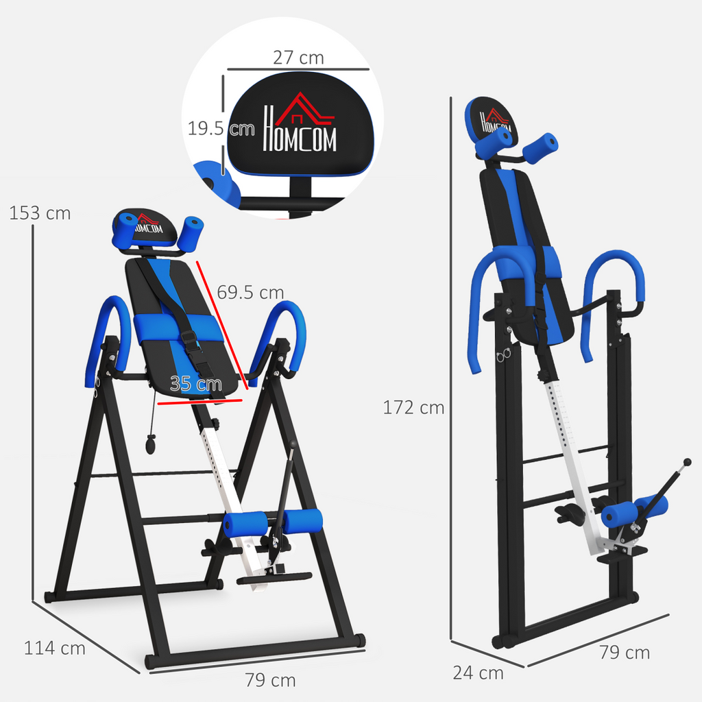 HOMCOM Adjustable Gravity Inversion Table w/ Safety Belt, Blue, Foldable Frame