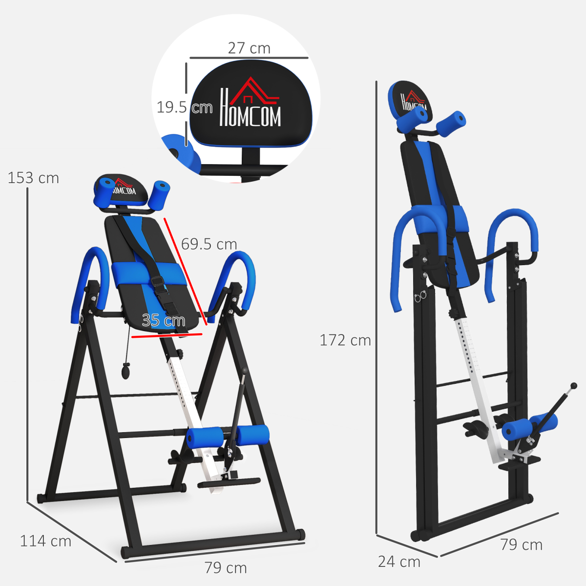 HOMCOM Adjustable Gravity Inversion Table w/ Safety Belt, Blue, Foldable Frame