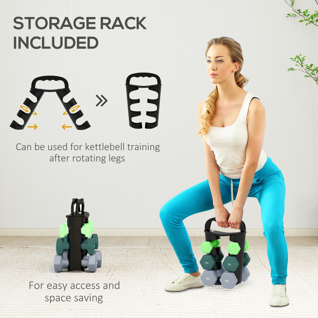 SPORTNOW Dumbbell Set 1/2/3kg with Storage Rack & Rotating Kettlebell Green