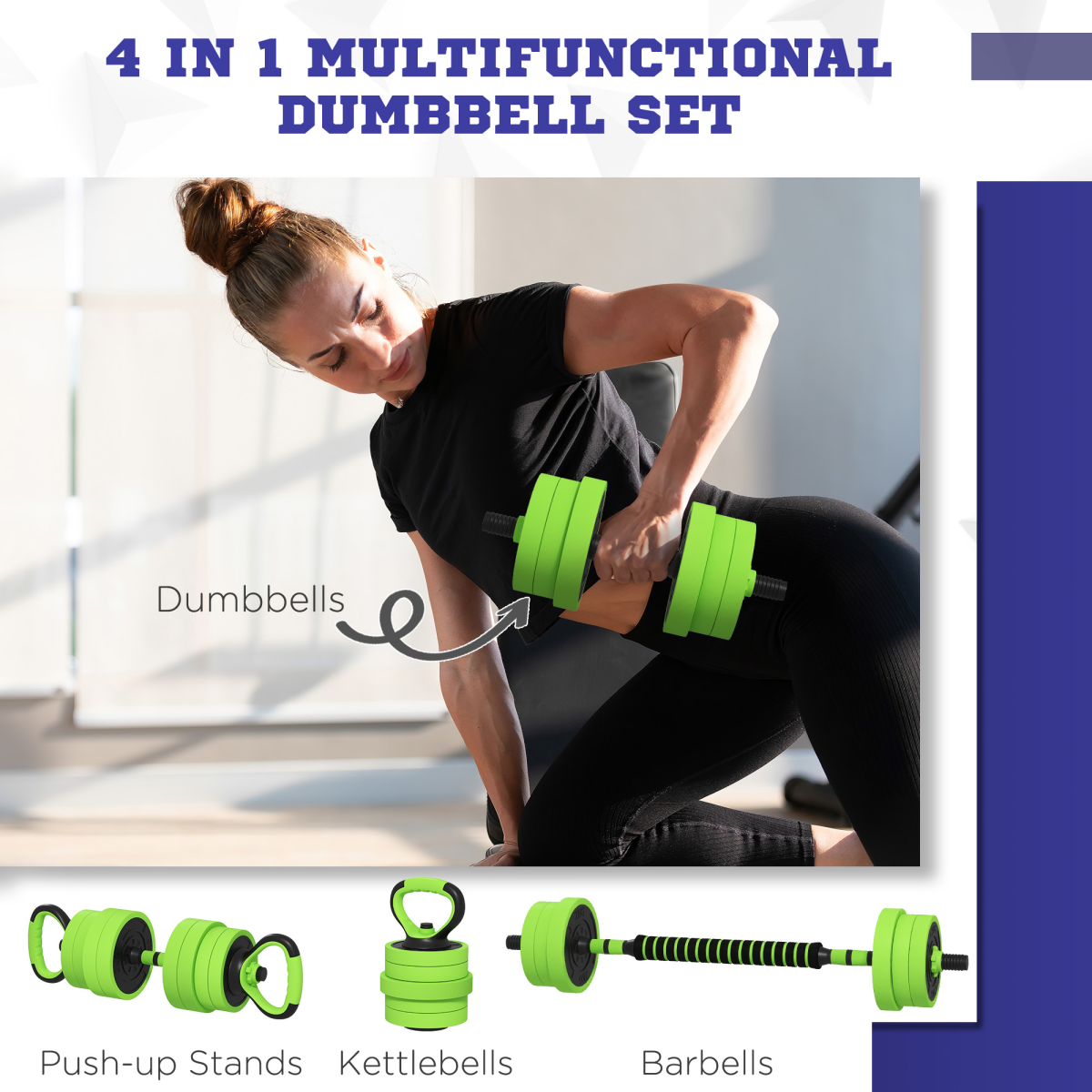 SPORTNOW 40kg 4-in-1 Weight Set Dumbbells Barbell Kettlebell Push-Up Stands Green