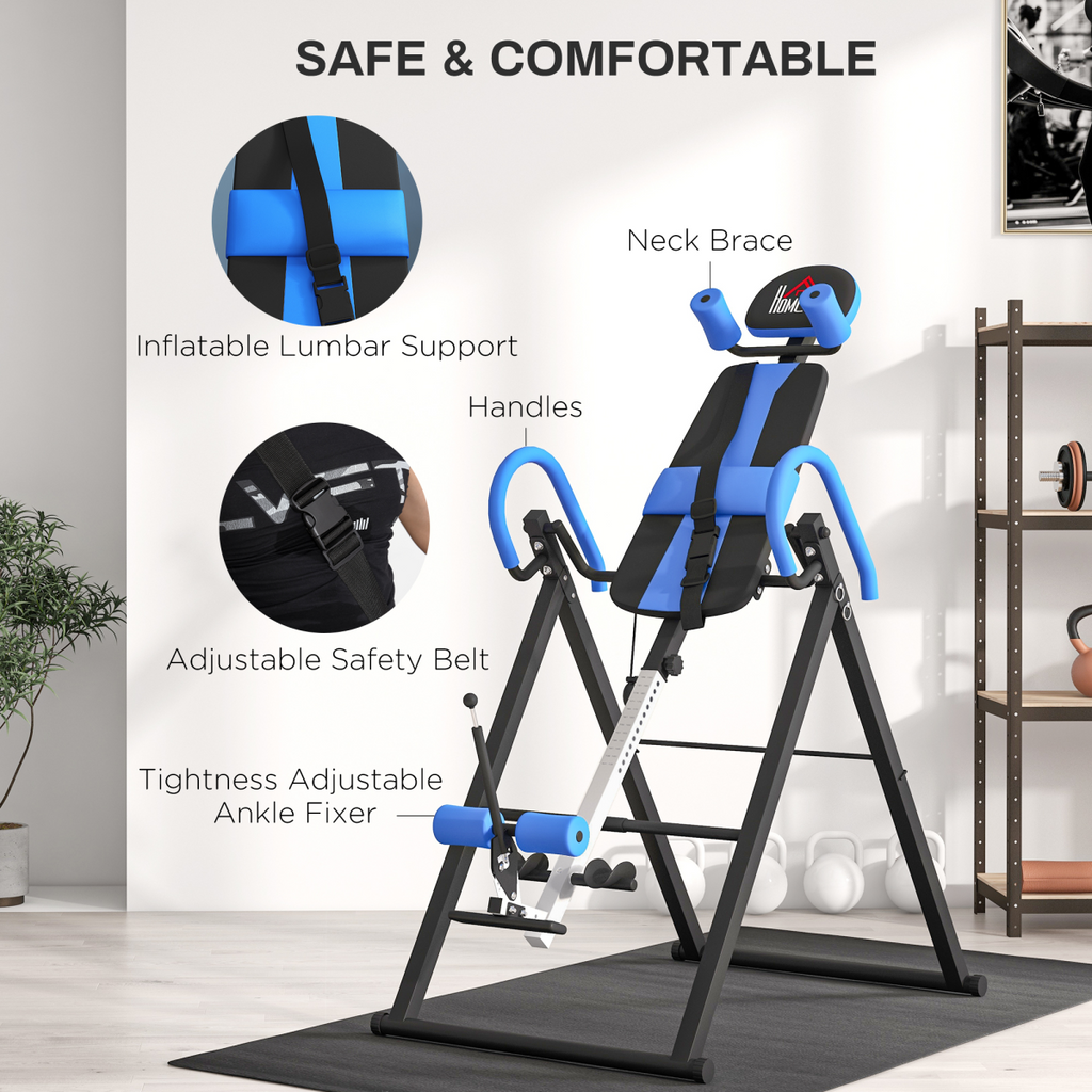 HOMCOM Adjustable Gravity Inversion Table w/ Safety Belt, Blue, Foldable Frame