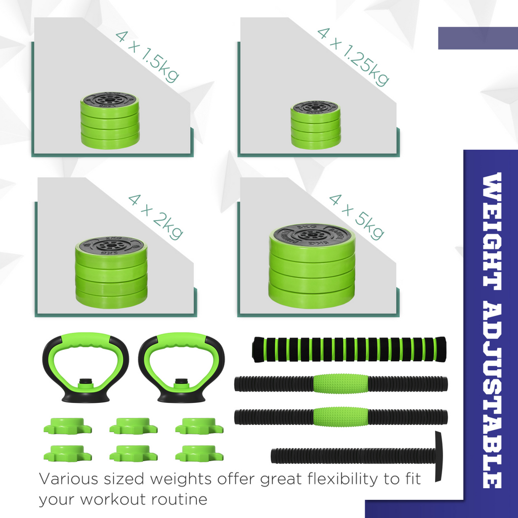 SPORTNOW 40kg 4-in-1 Weight Set Dumbbells Barbell Kettlebell Push-Up Stands Green
