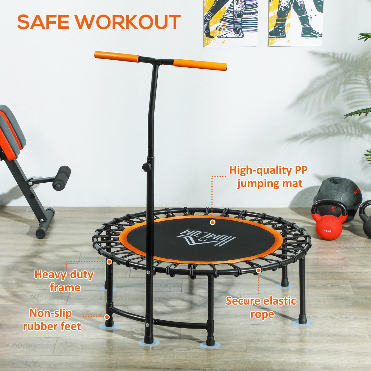 HOMCOM 40'' Mini Trampoline for Adults with Adjustable Removable Handle, Orange
