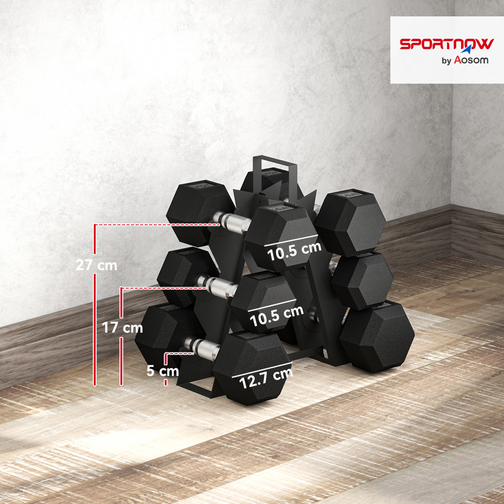 SPORTNOW 36KG Hex Dumbbell Set w/ Rack, Rubber Coated Weights & Non-Slip Handles