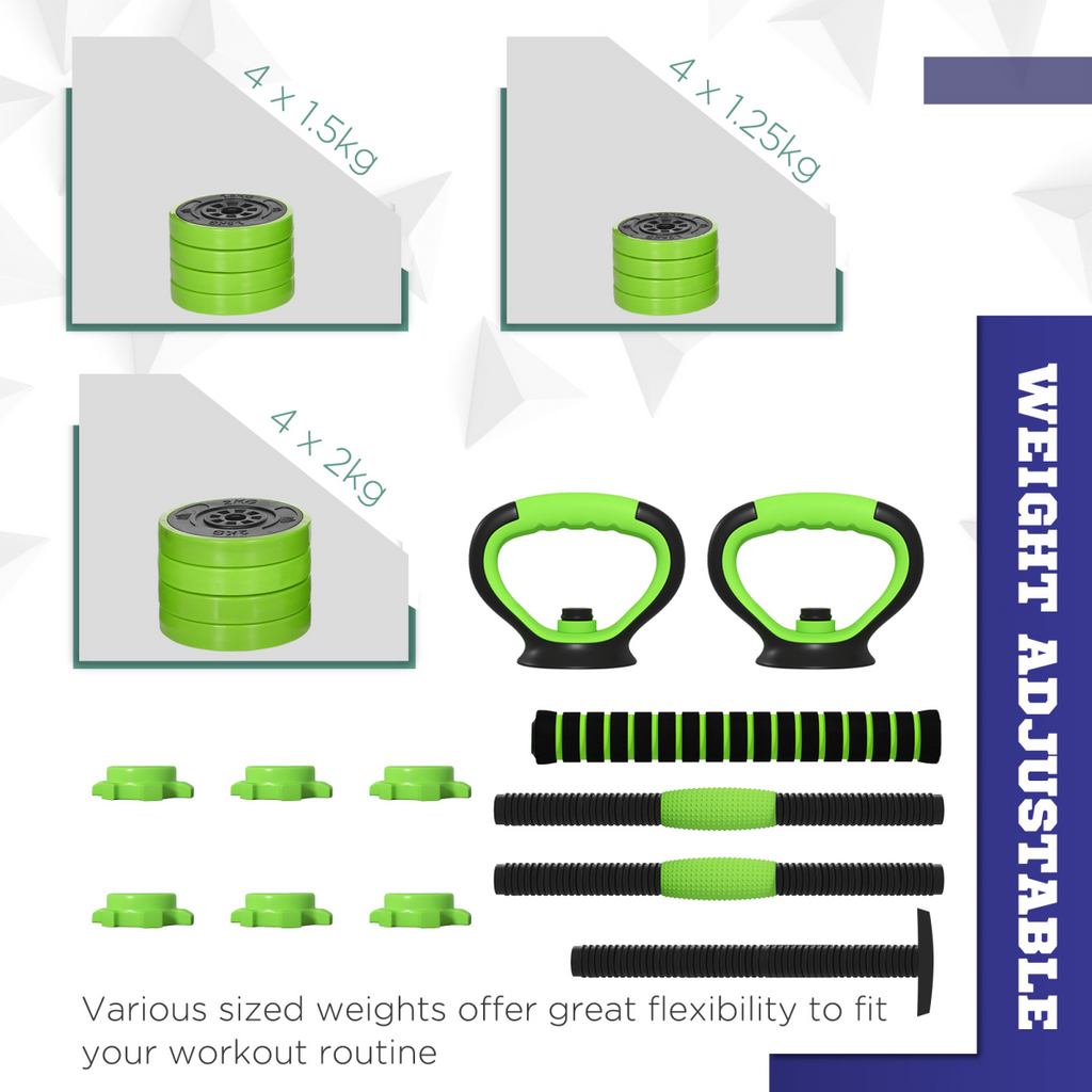 4-in-1 20kg Weight Dumbbells Set (Green) Barbell & Kettlebell with Push-Up Stand