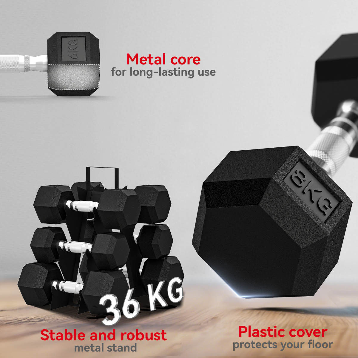 SPORTNOW 36KG Hex Dumbbell Set w/ Rack, Rubber Coated Weights & Non-Slip Handles