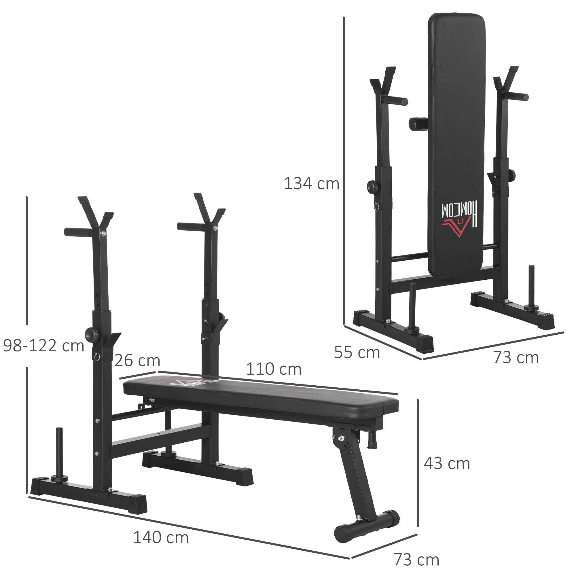 HOMCOM Adjustable Weight Bench with Barbell Rack & Dip Station, Black (8-Pos)