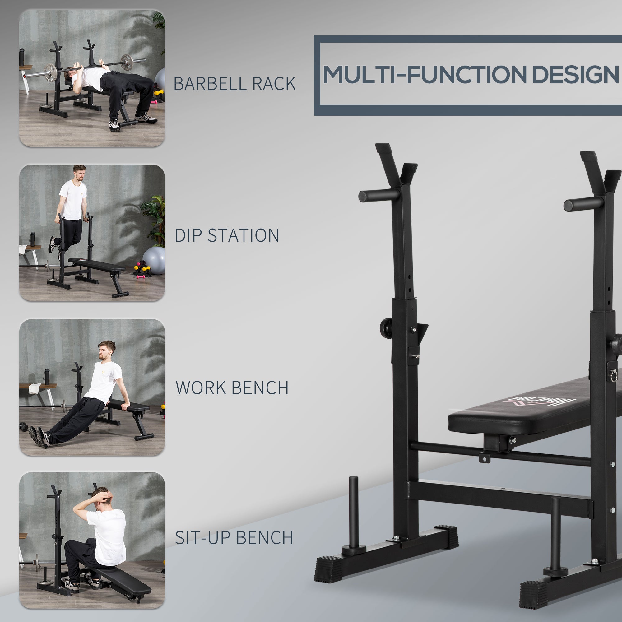 HOMCOM Adjustable Weight Bench with Barbell Rack & Dip Station, Black (8-Pos)