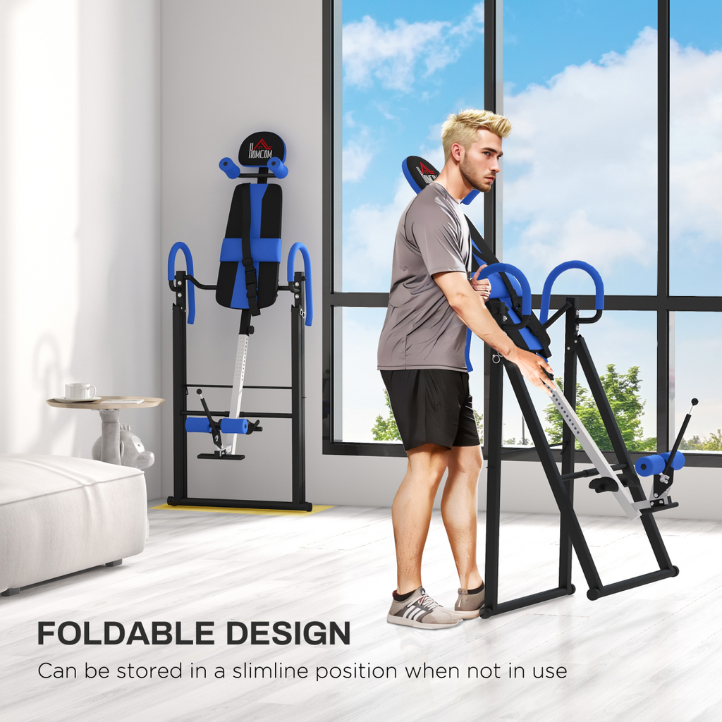 HOMCOM Adjustable Gravity Inversion Table w/ Safety Belt, Blue, Foldable Frame