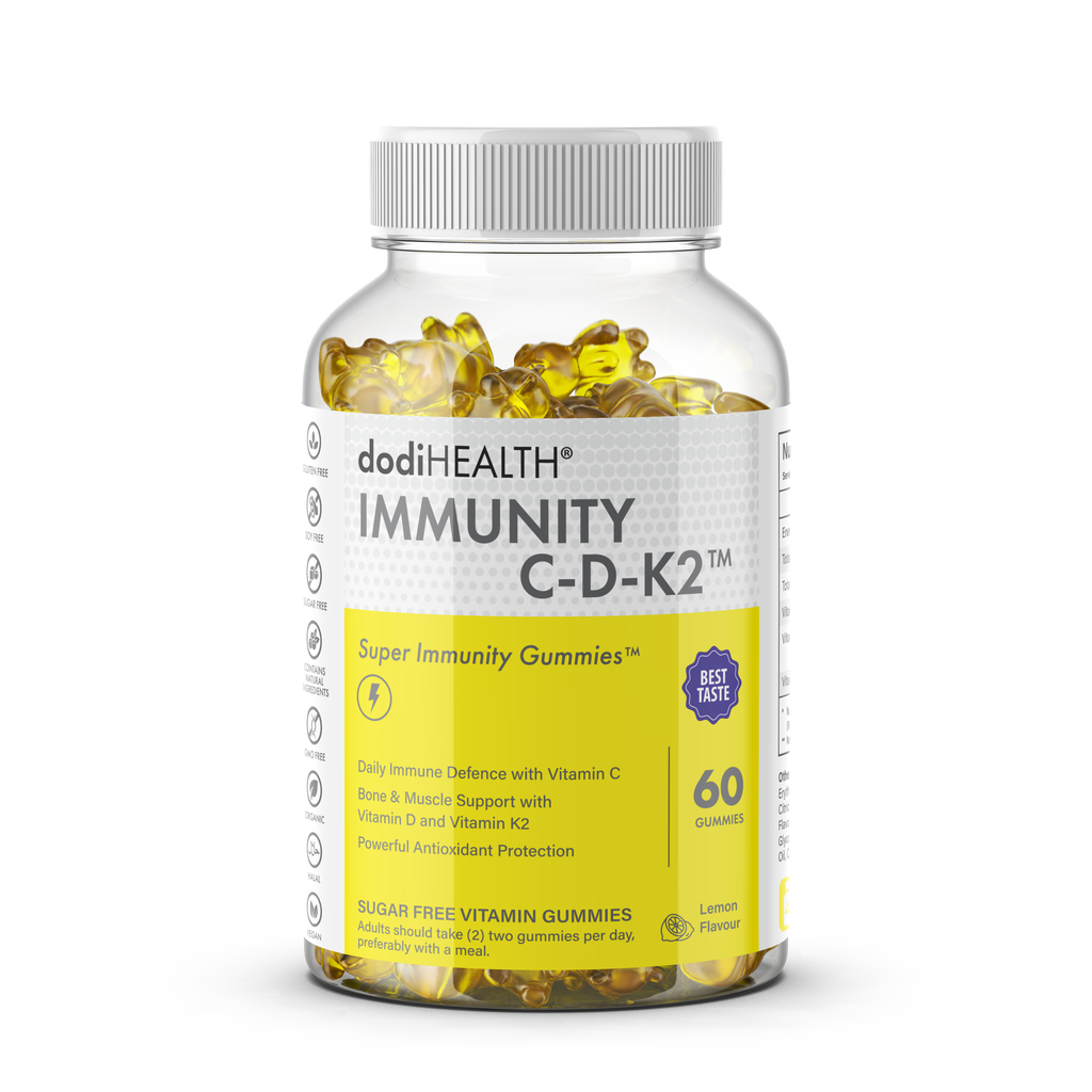 dodiHEALTH sugar-free lemon immunity gummies bottle with Vitamin C, D3, and K2