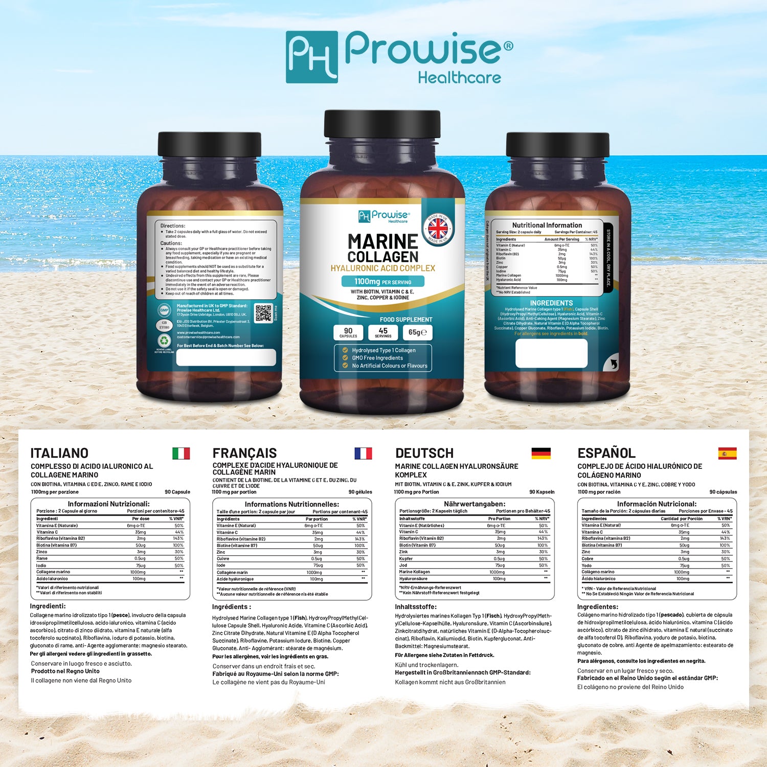 Marine Collagen with Hyaluronic Acid Complex 1100mg  90 Capsules I For Women and Men I Made in UK by Prowise
