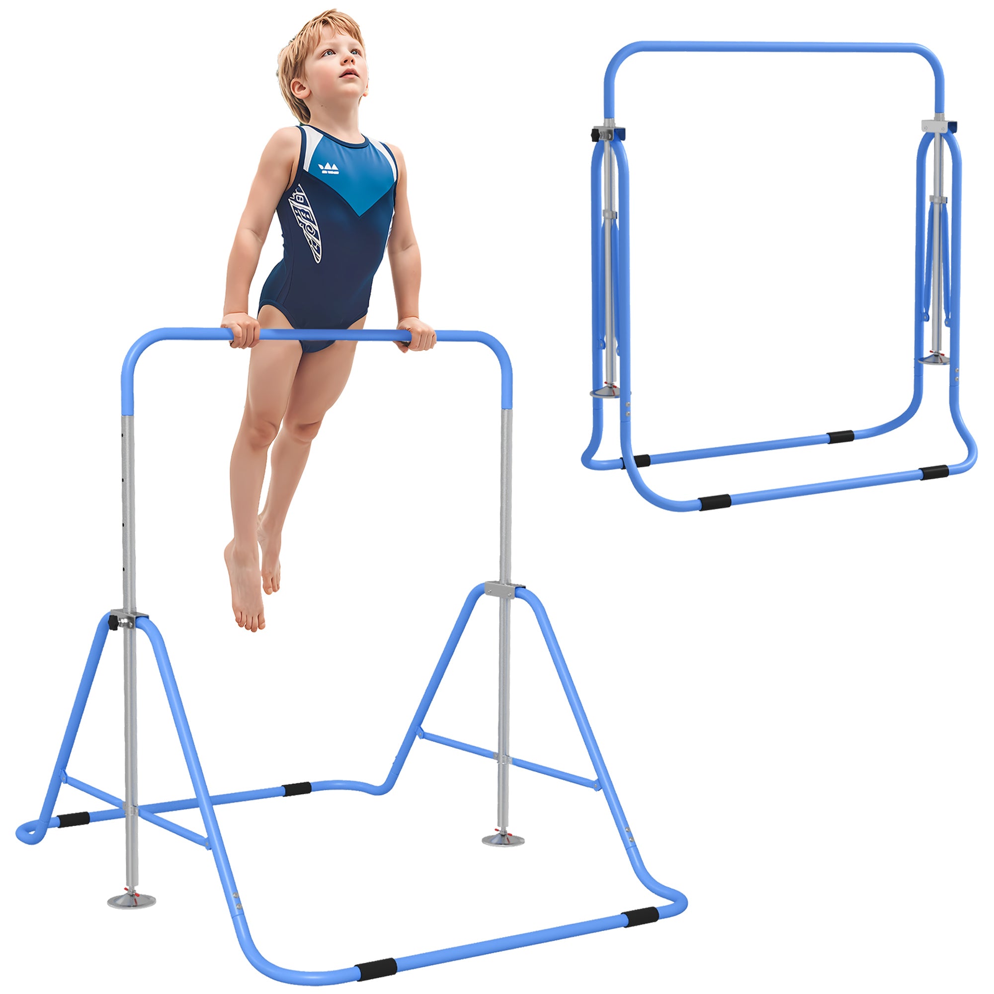 HOMCOM Kids Gymnastic Bar, Adjustable Height Foldable Training Bar Blue 3
