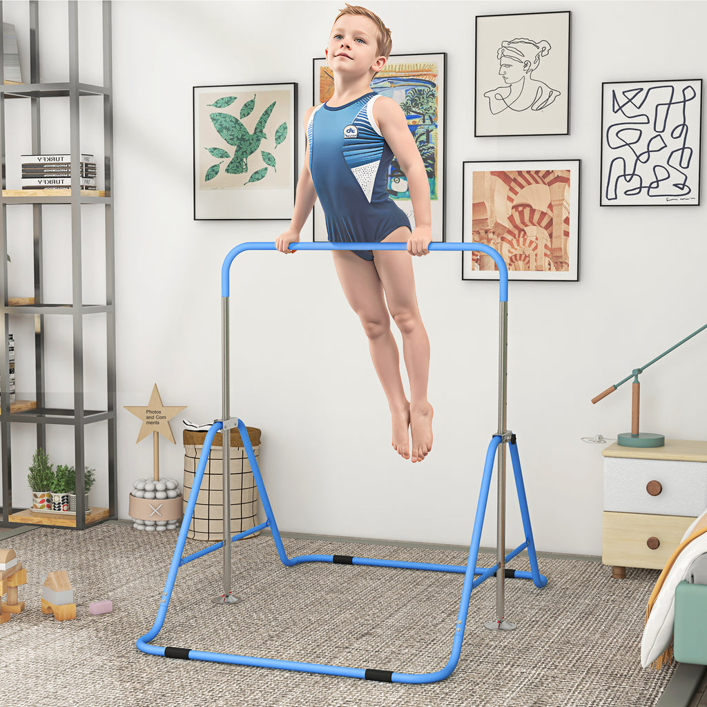 HOMCOM Kids Gymnastic Bar, Adjustable Height Foldable Training Bar Blue 3
