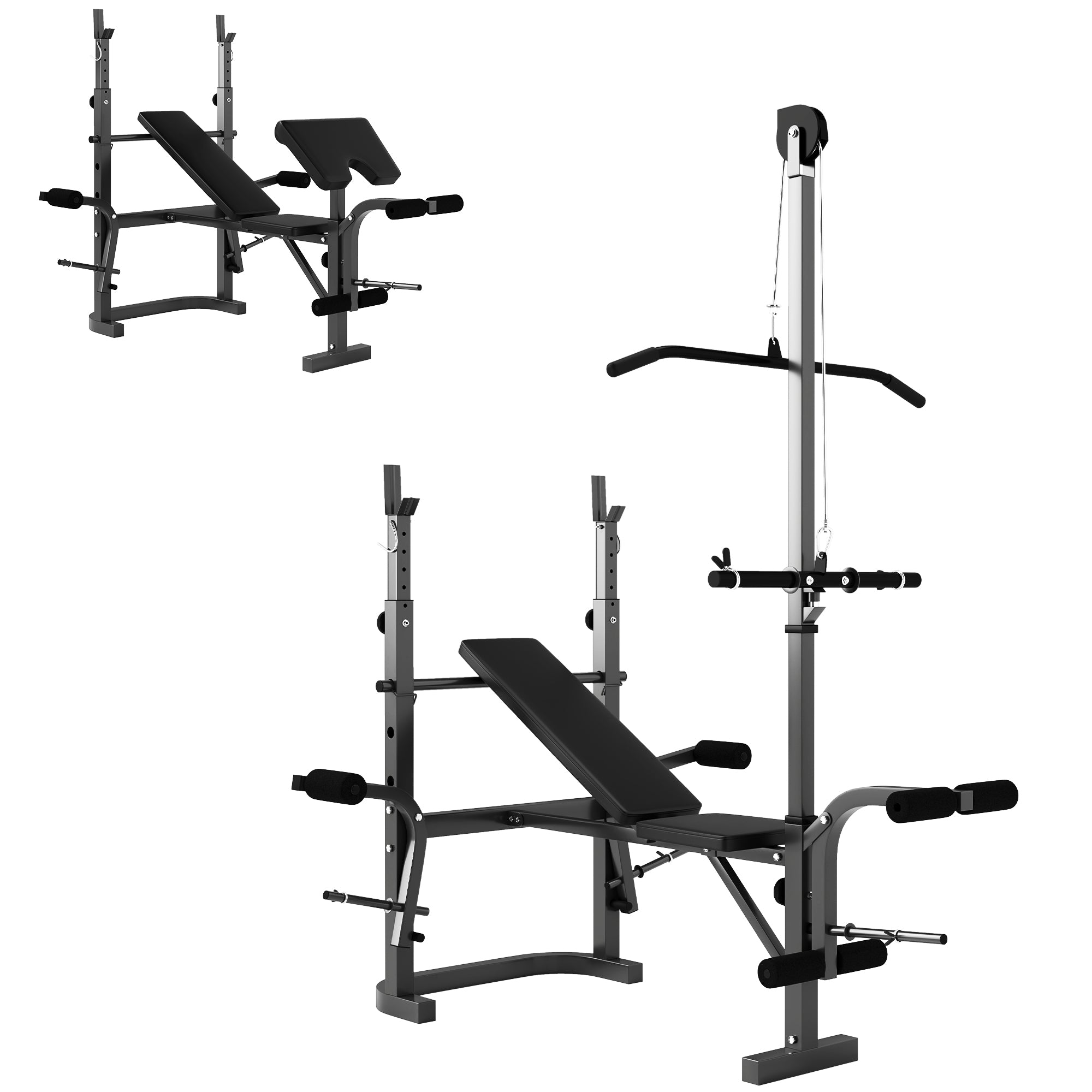 SPORTNOW Multi-Exercise Incline/Flat Weight Bench w/ Bench Press Rack & Lat Pulldown (Black)