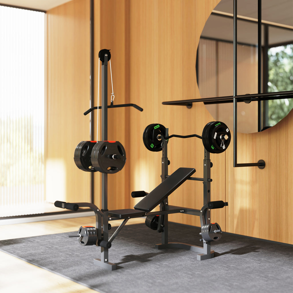 SPORTNOW Multi-Exercise Incline/Flat Weight Bench w/ Bench Press Rack & Lat Pulldown (Black)