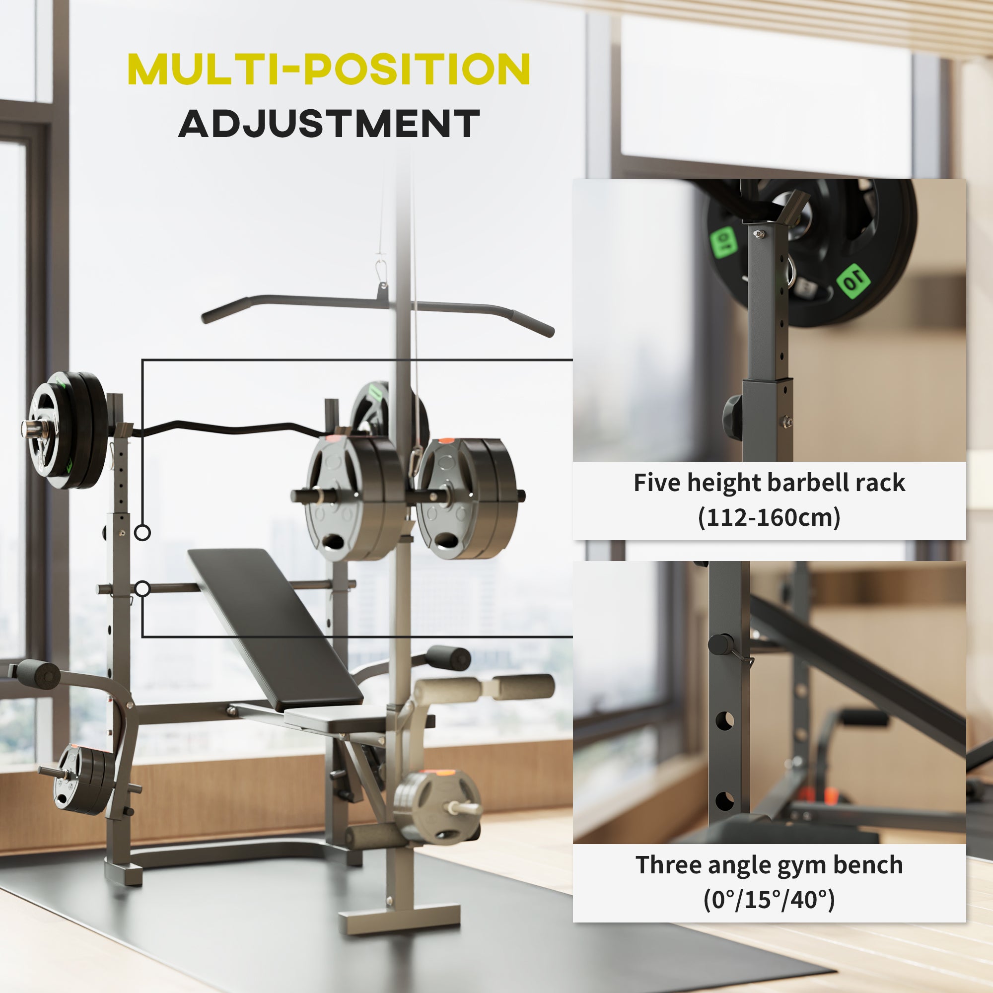 SPORTNOW Multi-Exercise Incline/Flat Weight Bench w/ Bench Press Rack & Lat Pulldown (Black)