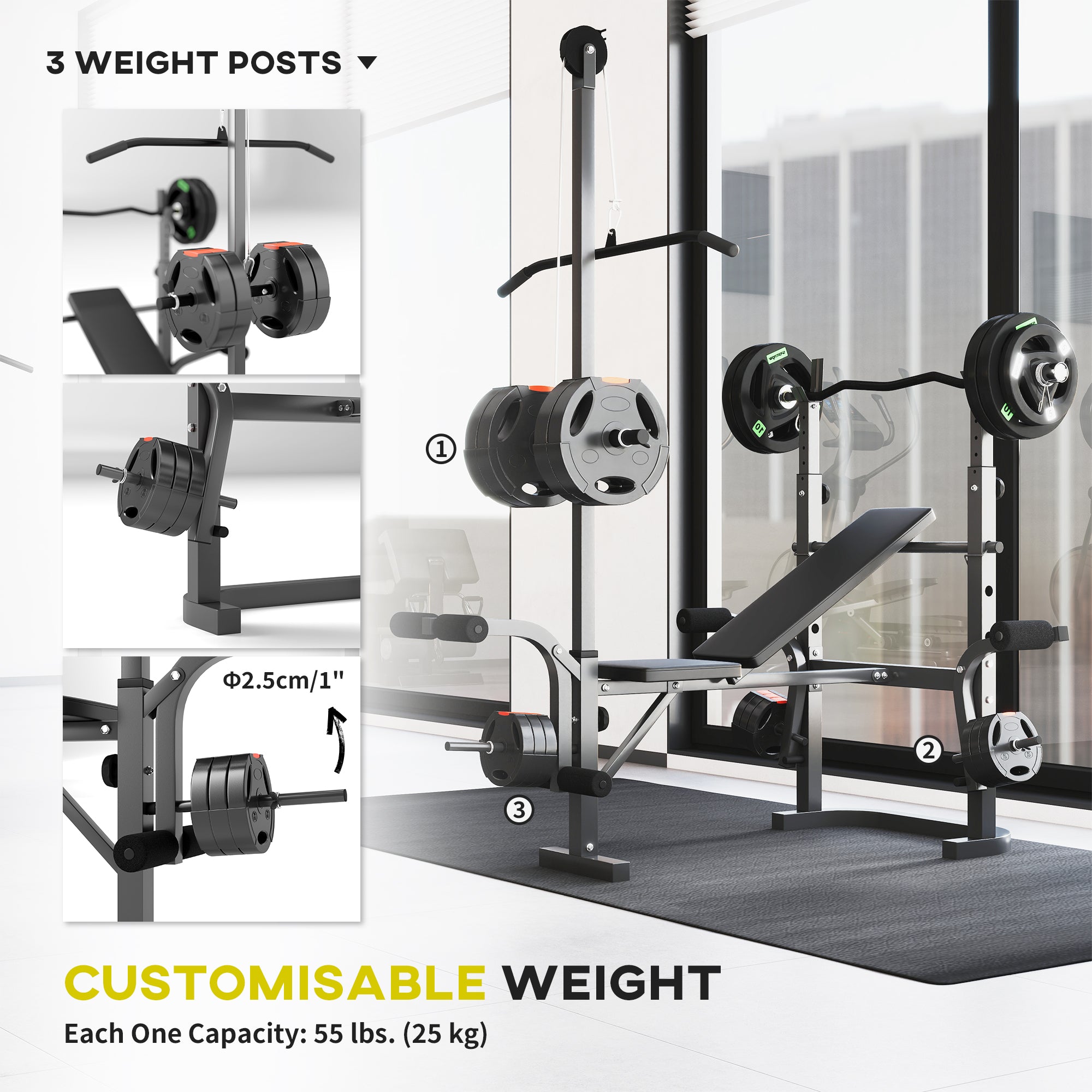 SPORTNOW Multi-Exercise Incline/Flat Weight Bench w/ Bench Press Rack & Lat Pulldown (Black)