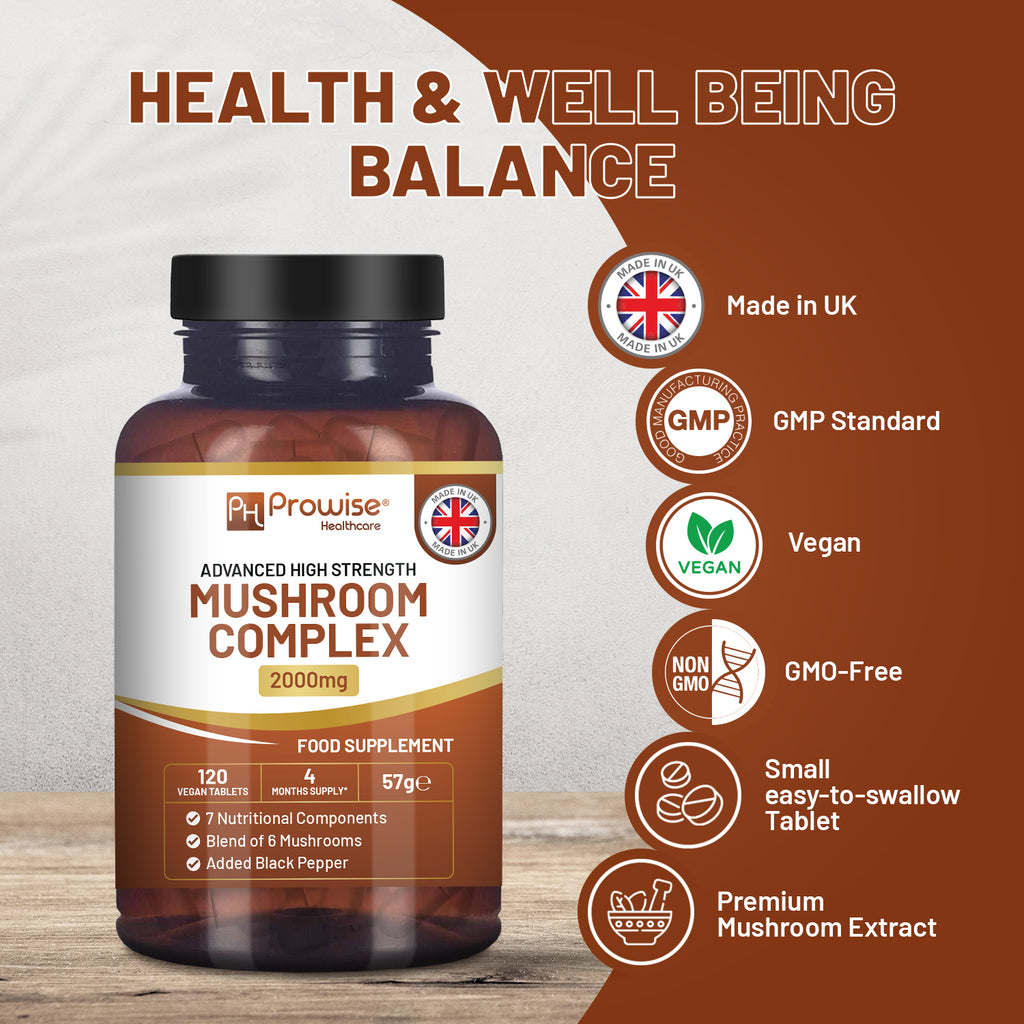 dvanced Mushroom Complex 2000mg | A super blend of 6 Mushroom with Lions Mane, Chaga, Cordyceps, Shiitake, Reishi and Maitake with Black Pepper | 120 Vegan High Strength Tablets | Made in UK by Prowise