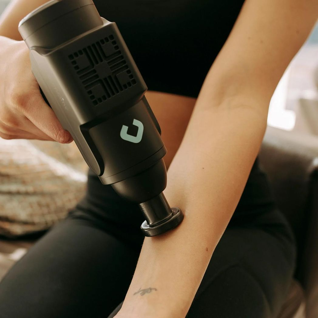Gymcline Compact Massage Gun with 1500mAh Battery, 3 Speed Modes – Grey HTML