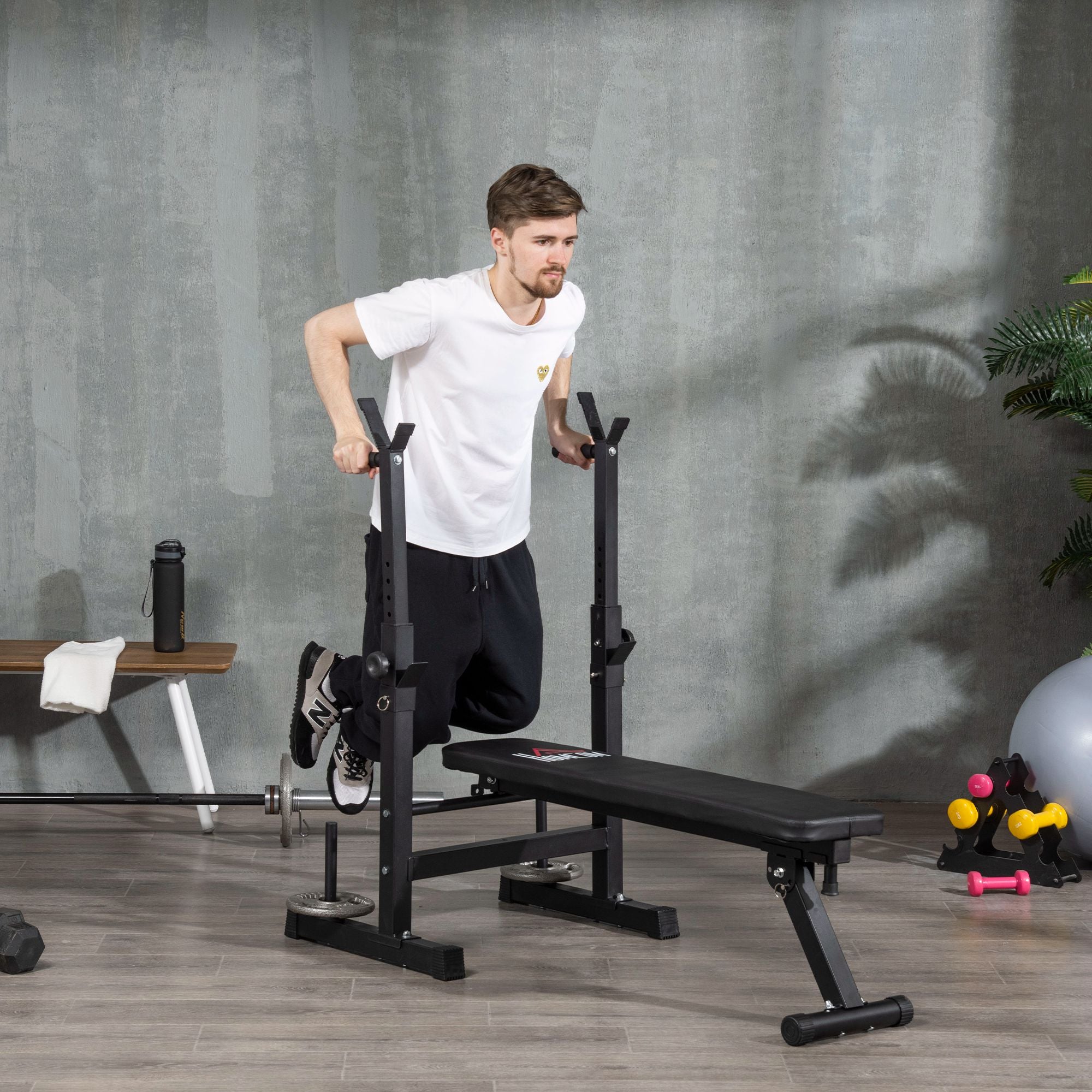 HOMCOM Adjustable Weight Bench with Barbell Rack & Dip Station, Black (8-Pos)