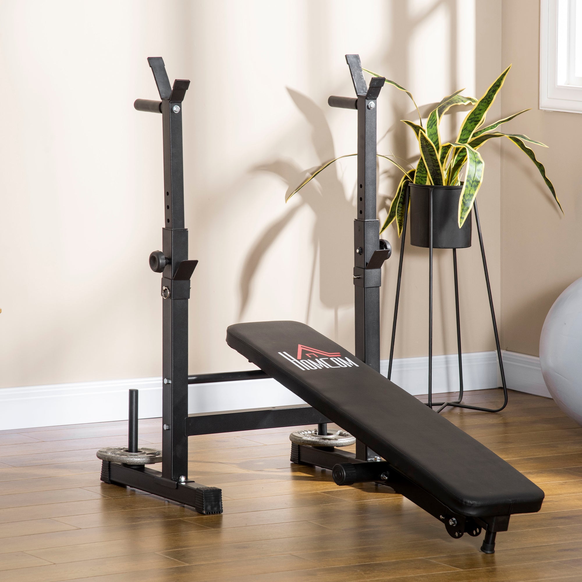 HOMCOM Adjustable Weight Bench with Barbell Rack & Dip Station, Black (8-Pos)