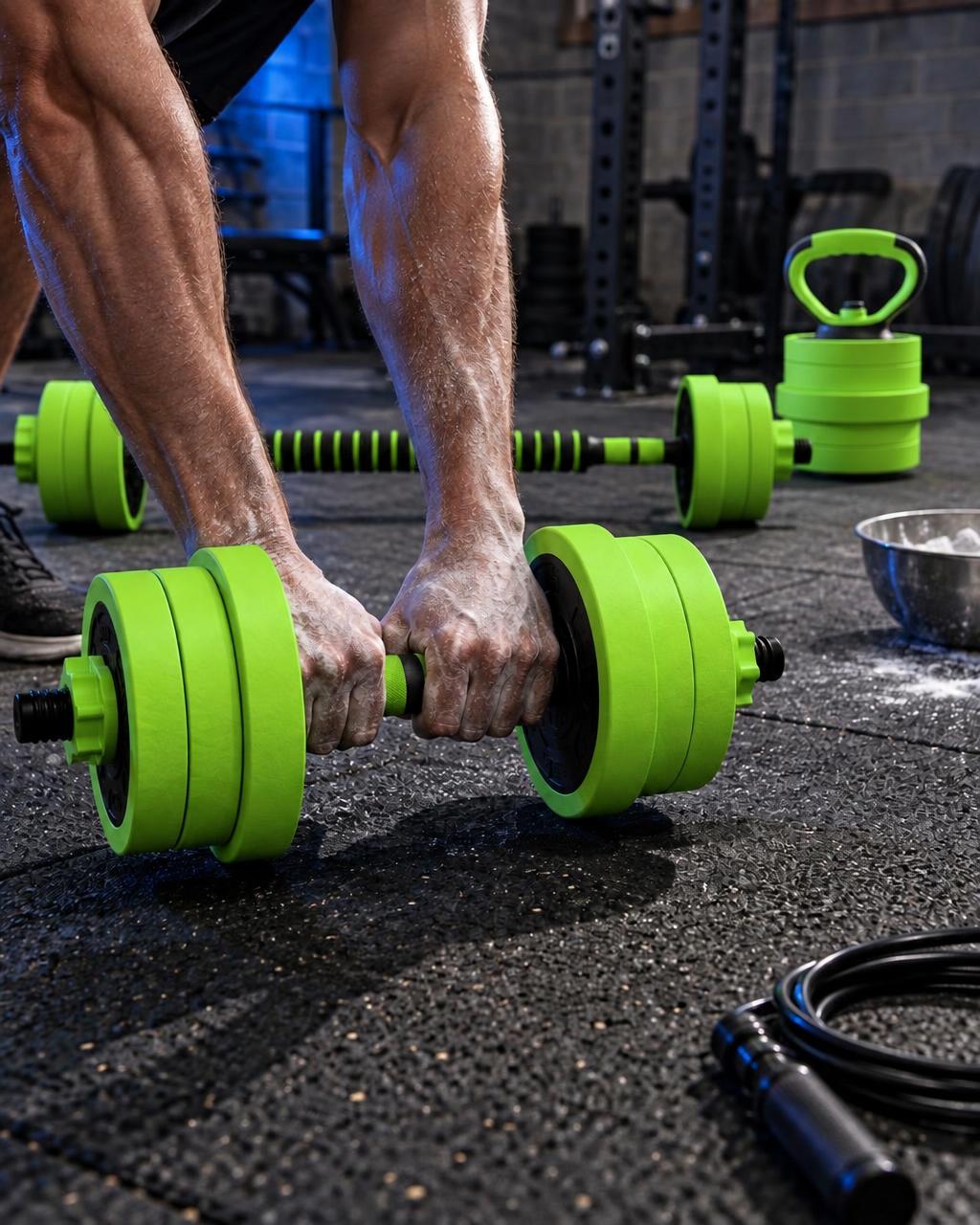 40kg 4-in-1 Weight Set assembled in home workout space