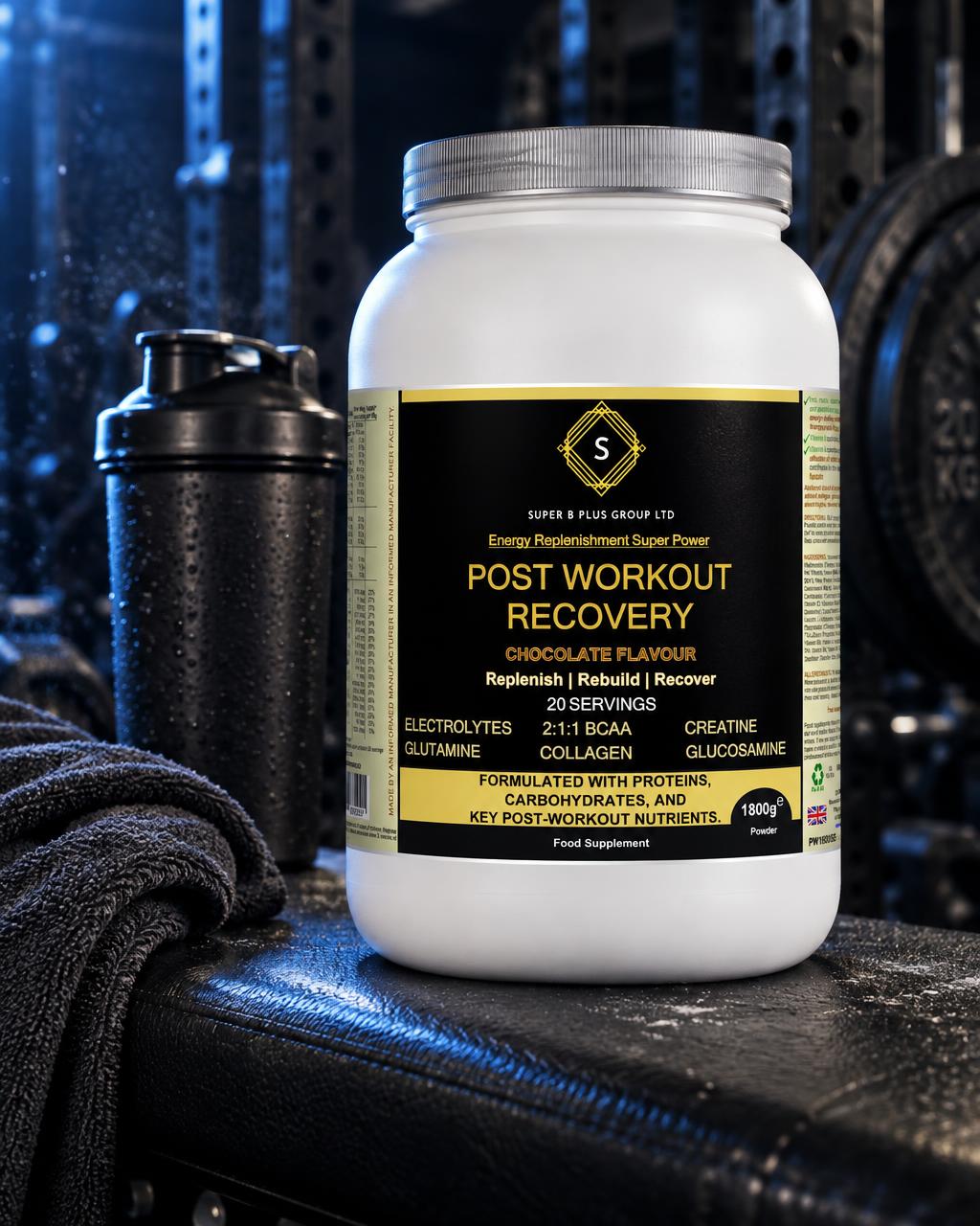 Post-Workout Recovery Formula tub and shaker