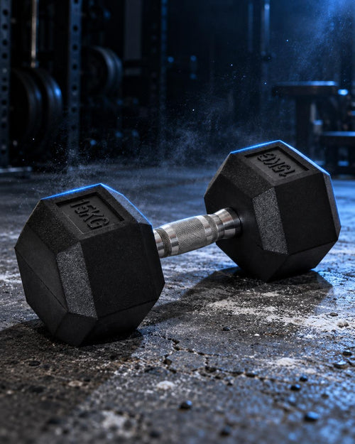 15kg Rubber Hex Dumbbell in home gym setup