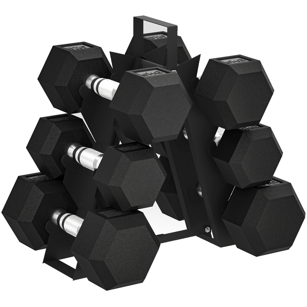 SPORTNOW 36KG Hex Dumbbell Set w/ Rack, Rubber Coated Weights & Non-Slip Handles